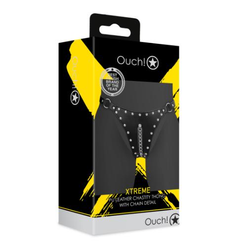 Ouch PU Leather Chastity Thong with Chain Detail - Black - Image 2