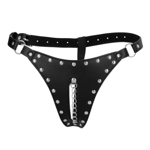 Ouch PU Leather Chastity Thong with Chain Detail - Black - Image 4